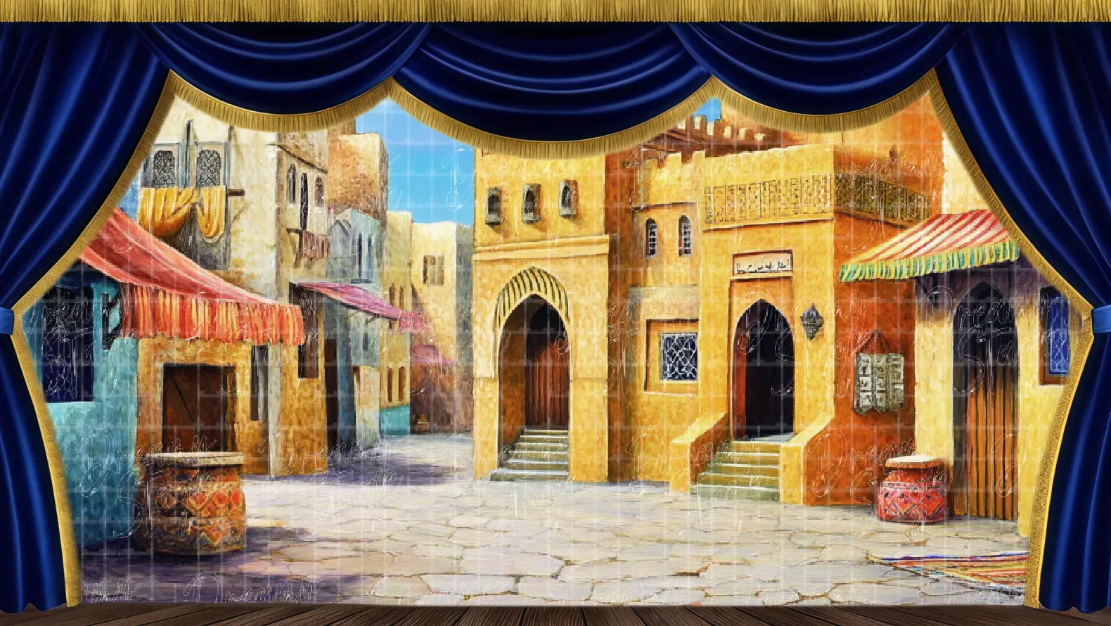 Arabian bazaar street theatrical backdrop perfect for school musical and community theatre productions.