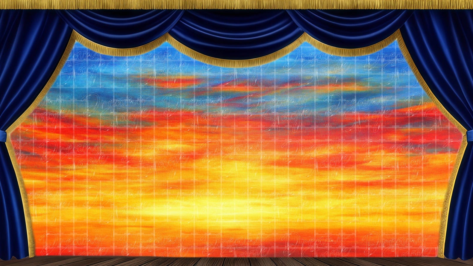 Sunset sky backdrop with vibrant colors, ideal for emotional scenes. Digital stage backdrop for HD projection, virtual scenery, and theatrical use.