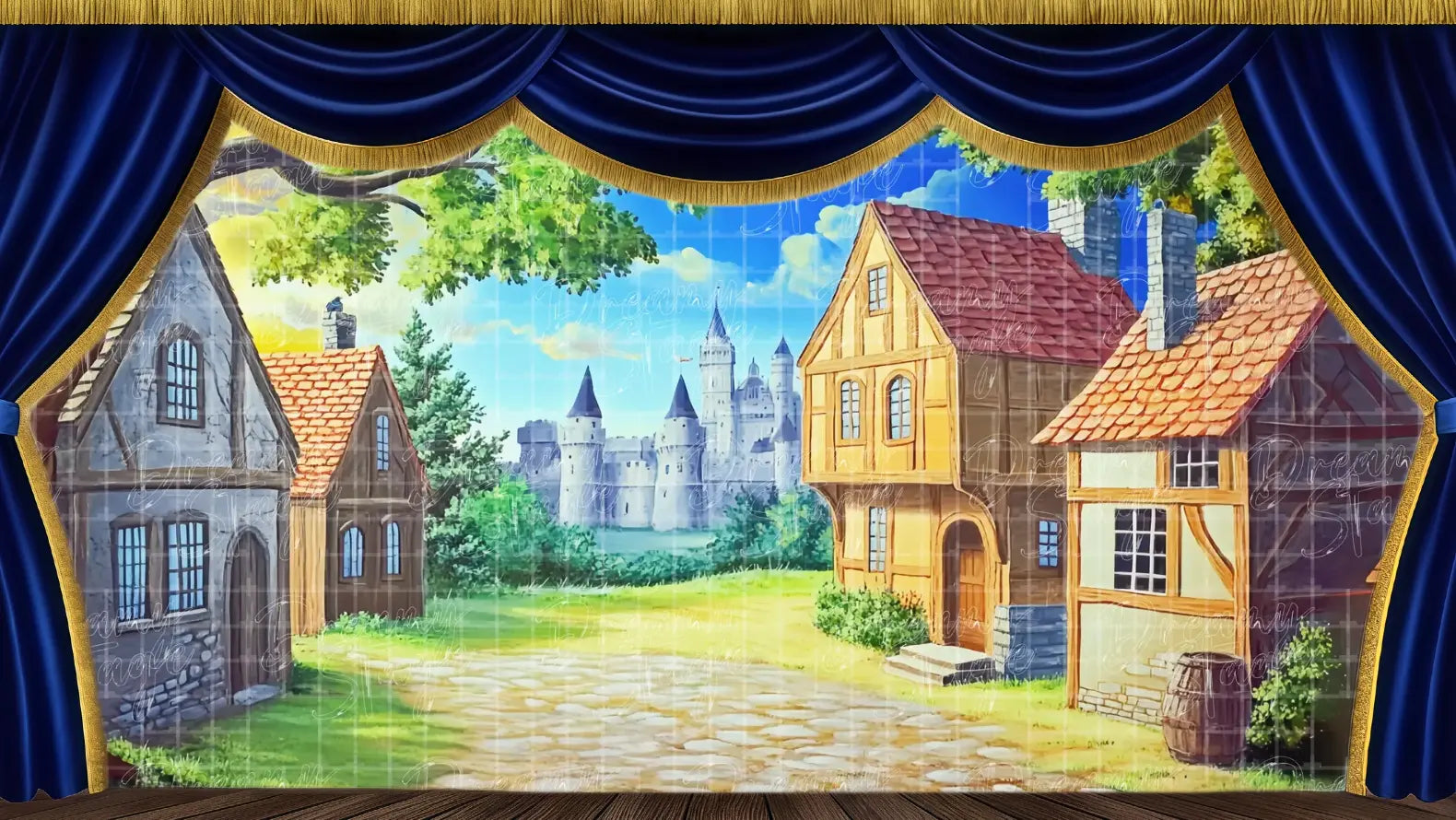 Sunny medieval European village street with timber houses, gardens, and a cobblestone path, designed as a storybook town stage backdrop for Cinderella and other fairytale shows.