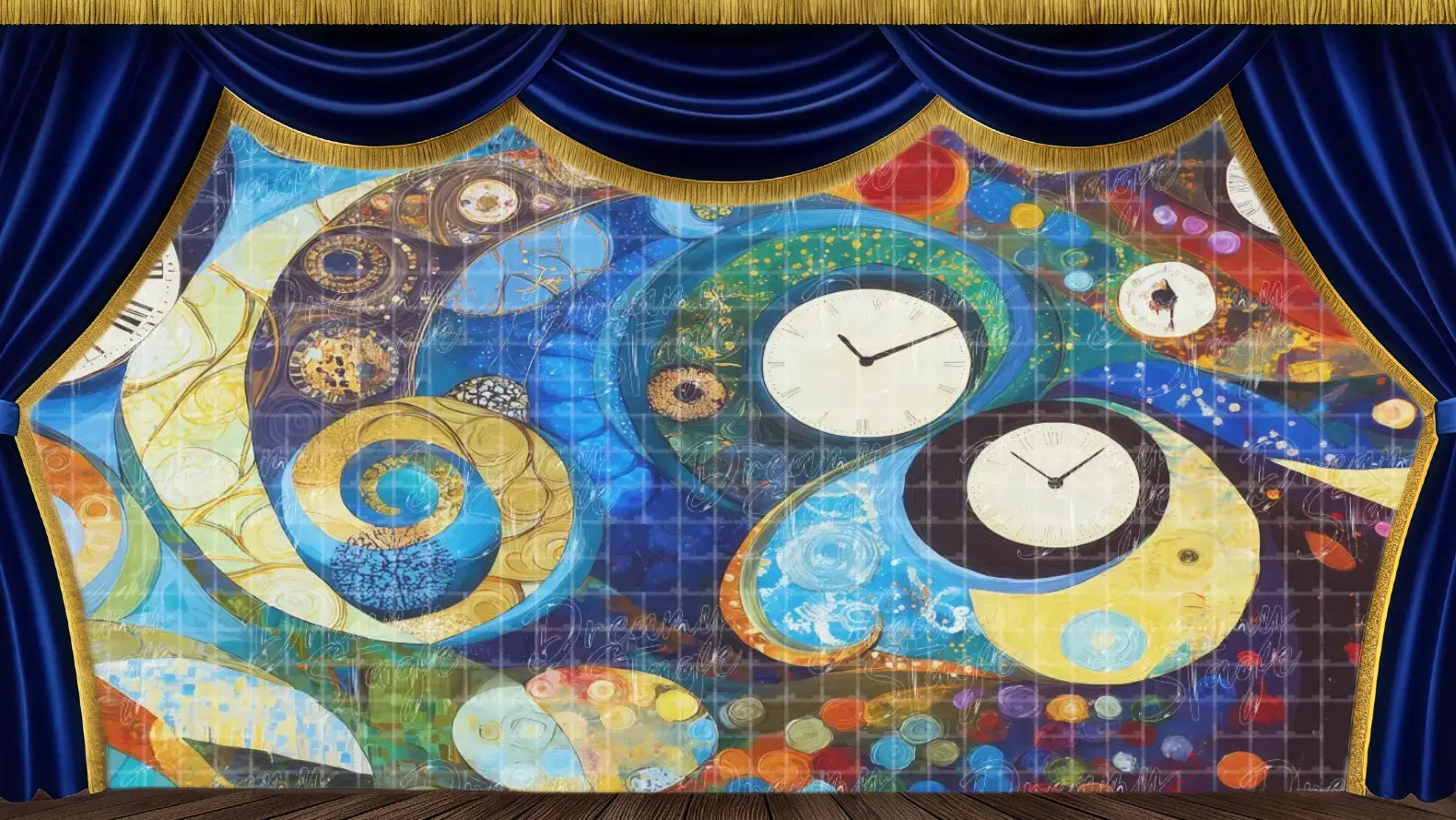 Whimsical time-spiral stage backdrop featuring floating clocks and swirling Wonderland colors. Ideal theatrical backdrops for rabbit-hole scenes, dream transitions, and Alice in Wonderland school plays. Available in Microfiber, Outdoor Linen, and Theatre-Certified Fabric.
