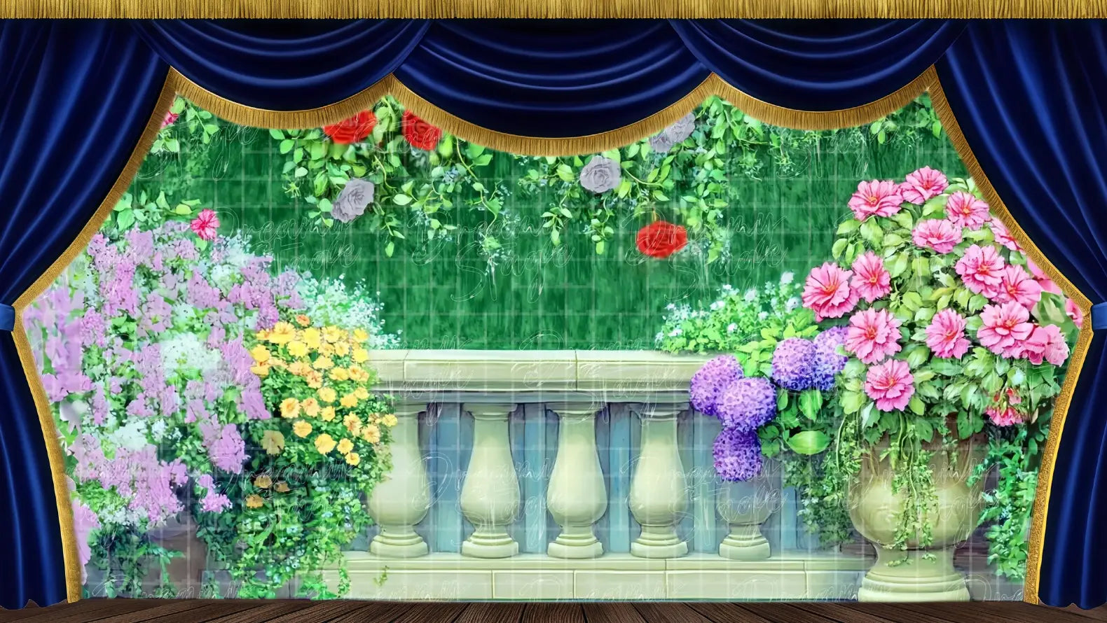 Floral garden terrace stage backdrop with lush flowers, stone railing, and vibrant greenery. Perfect theatrical backdrops for tea-party scenes, royal gardens, and school drama productions. Available in Microfiber, Outdoor Linen, and Theatre-Certified Fabric.