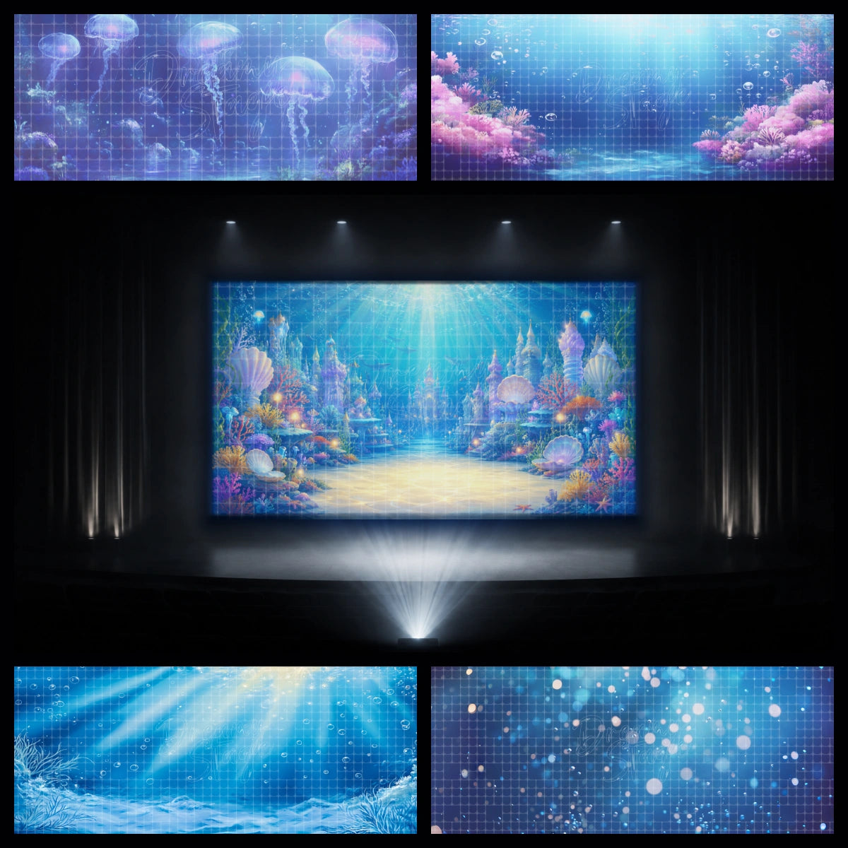 Complete Under the Sea dance recital digital backdrop bundle featuring ocean finale scenery, coral reef backgrounds, shell palace scenes, jellyfish light effects, underwater ruins, and blue ocean projection backdrops for ballet recitals, school shows, VBS programs, and children’s theatre.