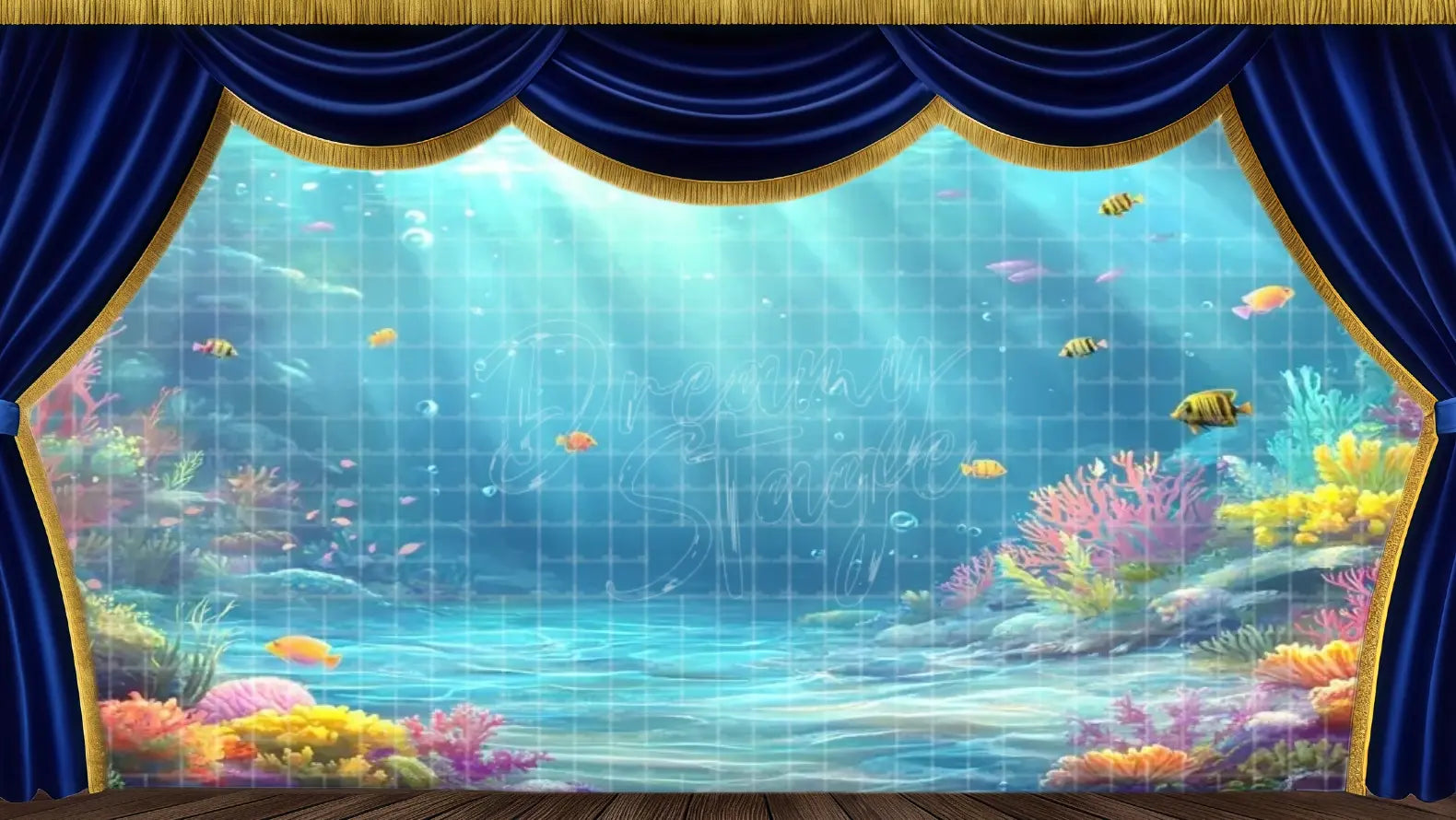 Coral reef with fish and shimmering water. Suitable for mermaid plays, aquatic musicals, and undersea theatre backdrops.