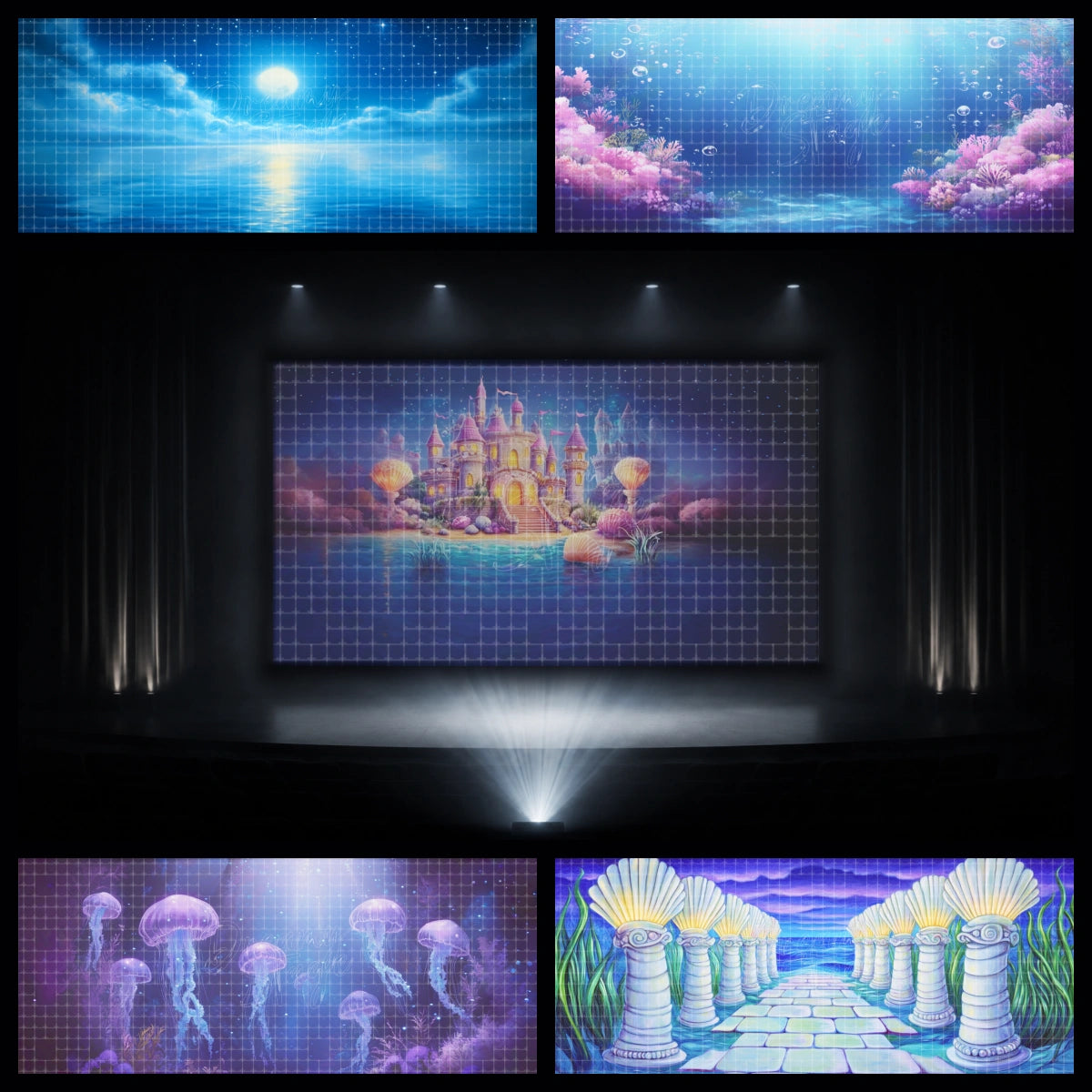 Coral kingdom undersea digital backdrop bundle featuring shell castle, moonlit ocean, jellyfish, shell columns, and coral reef scenery. Ideal for under the sea dance recitals, mermaid stage shows, school theatre, and ocean projection backdrops.