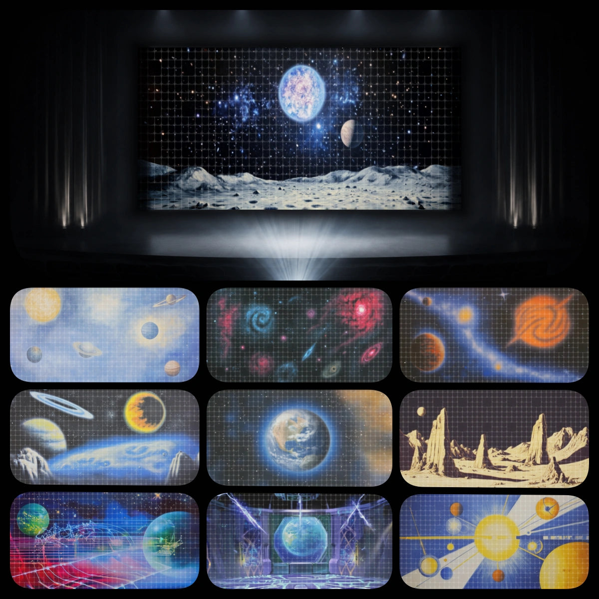 Cosmic explorer digital stage backdrop bundle featuring lunar surface projection scenes, glowing planets, galaxy skies, Earth orbit backgrounds, rocky moon landscapes, futuristic space graphics, and solar system imagery for instant download projection, STEM stage events, VBS galaxy themes, school performances, and children’s theatre productions.