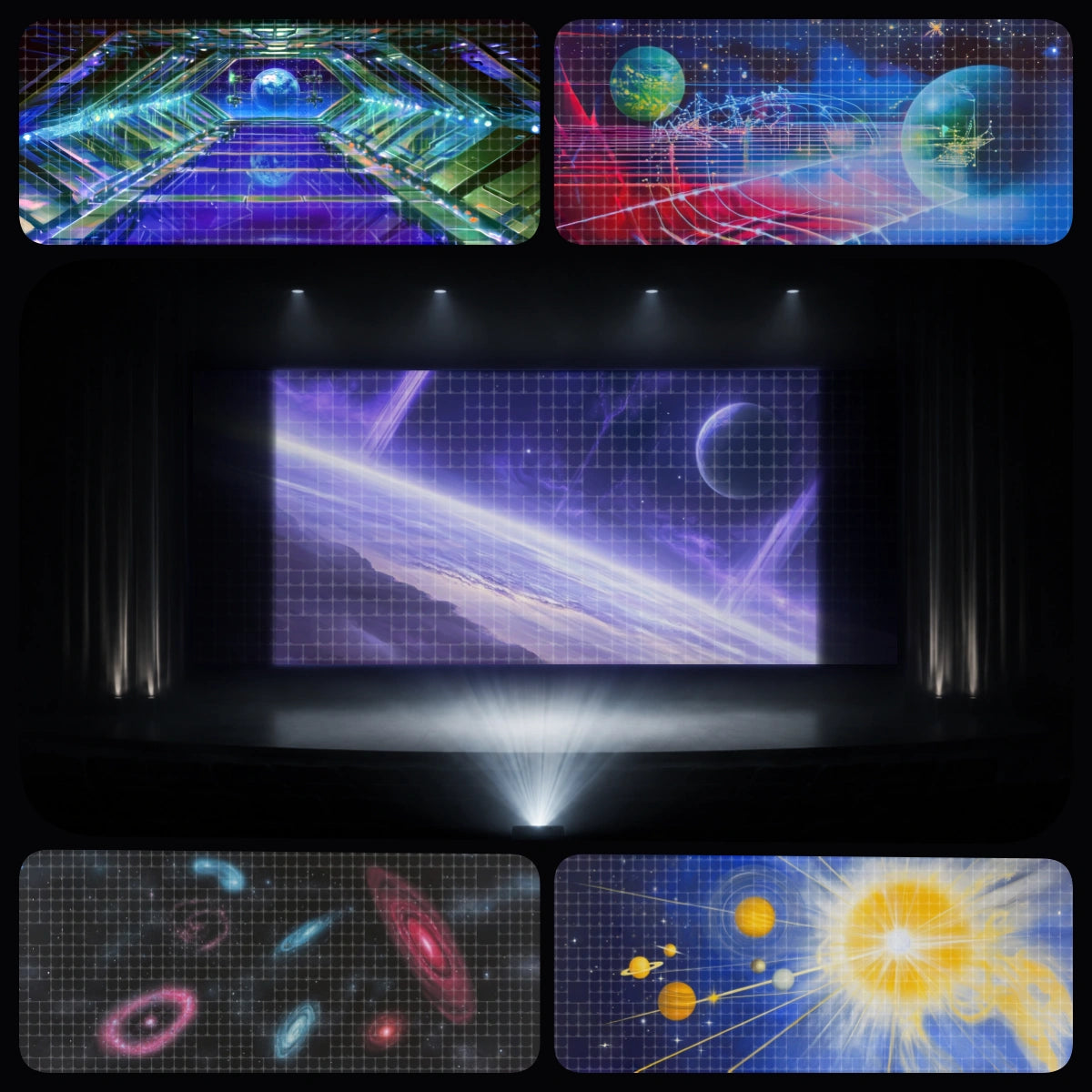 Cosmic tech digital backdrop bundle featuring futuristic space tunnel scenery, colorful planet graphics, projected galaxy landscape, solar system illustration, and moon surface scene for instant download digital stage projection, STEM programs, VBS galaxy events, school performances, LED screen backgrounds, and science-themed productions.