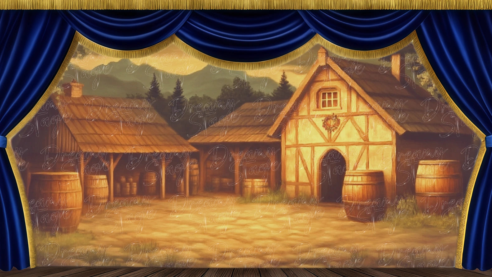 Farmhouse backdrop with wooden structures, ideal for Footloose rural life scenes. Digital stage backdrop for HD projection, virtual scenery, and theatrical use.
