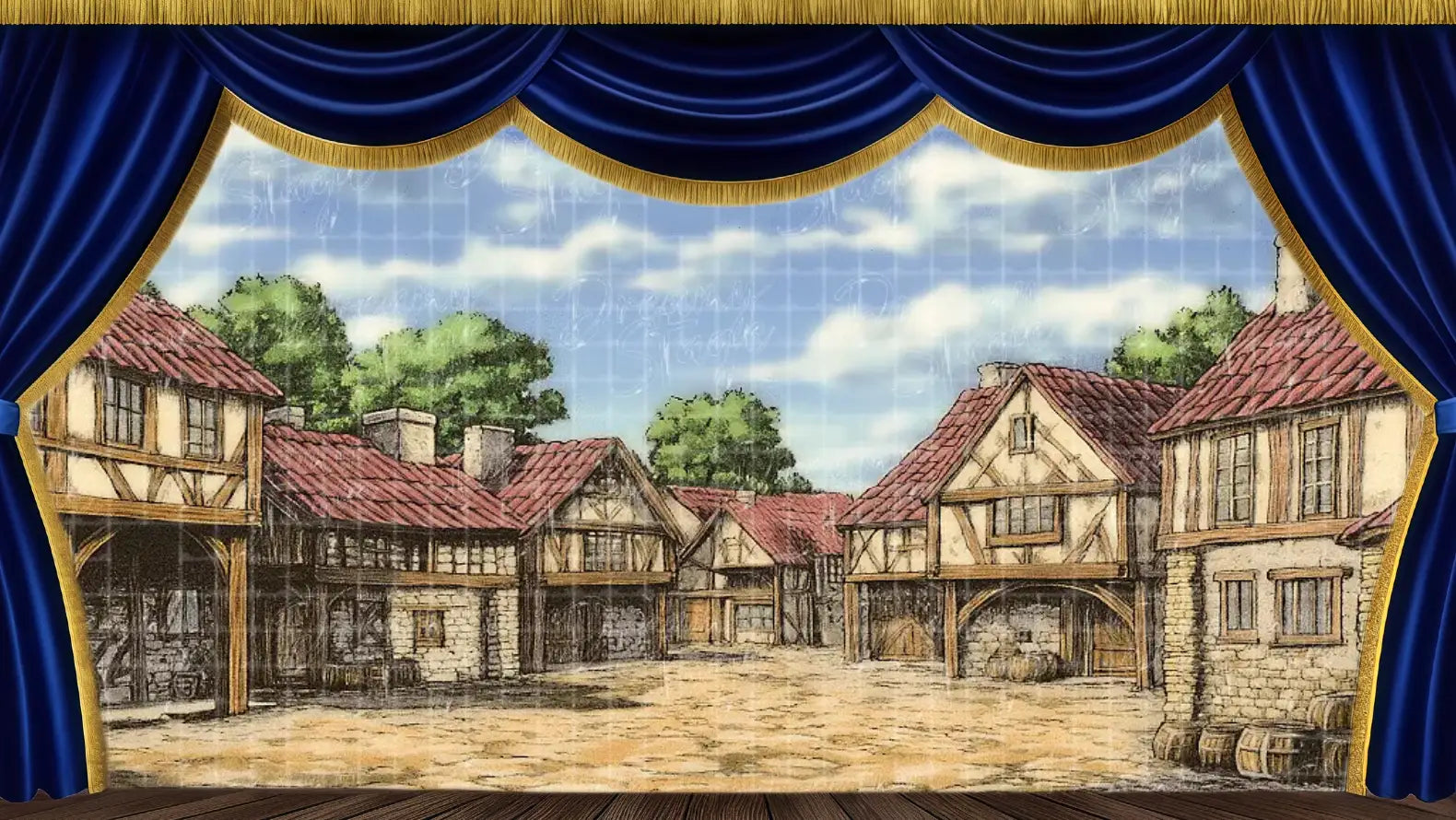 A bright, sunlit medieval village square with timber-framed houses, red tiled roofs, and cobblestone paths. Barrels and crates rest outside homes beneath a partly cloudy sky, evoking a peaceful storybook spring morning.