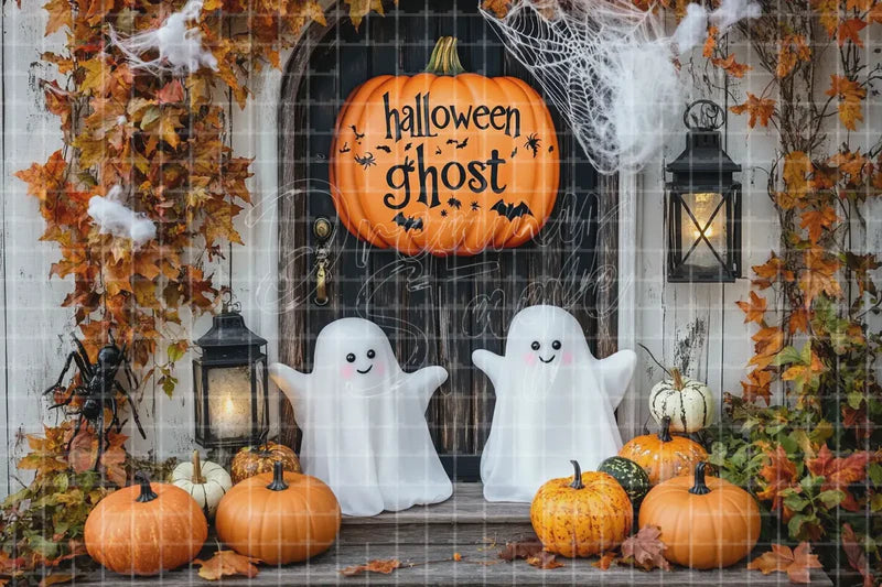 Cute Ghost Autumn Porch Halloween digital decor backdrop and high-resolution cute halloween background for Halloween parties, haunted displays, shop windows, restaurant decor, bar events, spooky photo booths, projection, LED screens, and local printing.