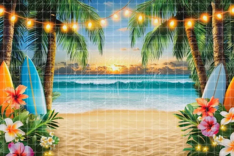 Tropical Christmas Beach Arch digital decor backdrop and high-resolution summer event background for summer events, beach parties, hotel decor, resort displays, restaurant and bar decor, photo booths, projection, LED screens, and local printing.
