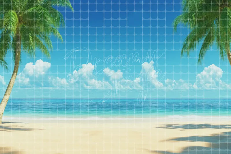 Sunny Palm Beach digital decor backdrop and high-resolution summer event background for summer events, beach parties, hotel decor, resort displays, restaurant and bar decor, photo booths, projection, LED screens, and local printing.