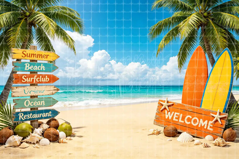 Surf School Beach Sign digital decor backdrop and high-resolution summer event background for summer events, beach parties, hotel decor, resort displays, restaurant and bar decor, photo booths, projection, LED screens, and local printing.