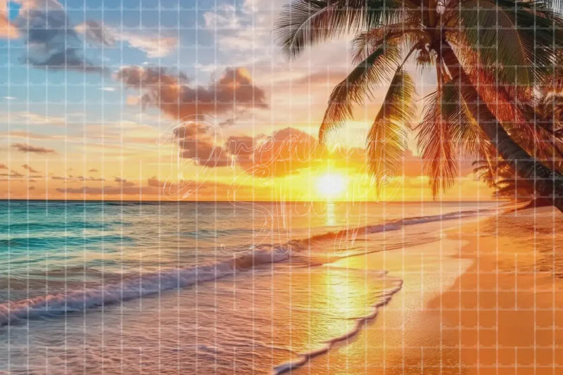 Golden Sunset Palm Beach digital decor backdrop and high-resolution summer event background for summer events, beach parties, hotel decor, resort displays, restaurant and bar decor, photo booths, projection, LED screens, and local printing.