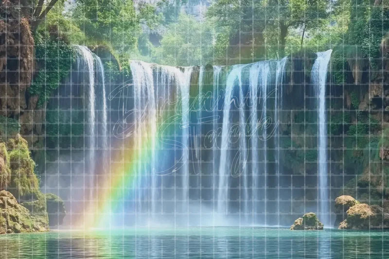 Tropical Waterfall Rainbow digital decor backdrop and high-resolution tropical event background for summer events, beach parties, hotel decor, resort displays, restaurant and bar decor, photo booths, projection, LED screens, and local printing.