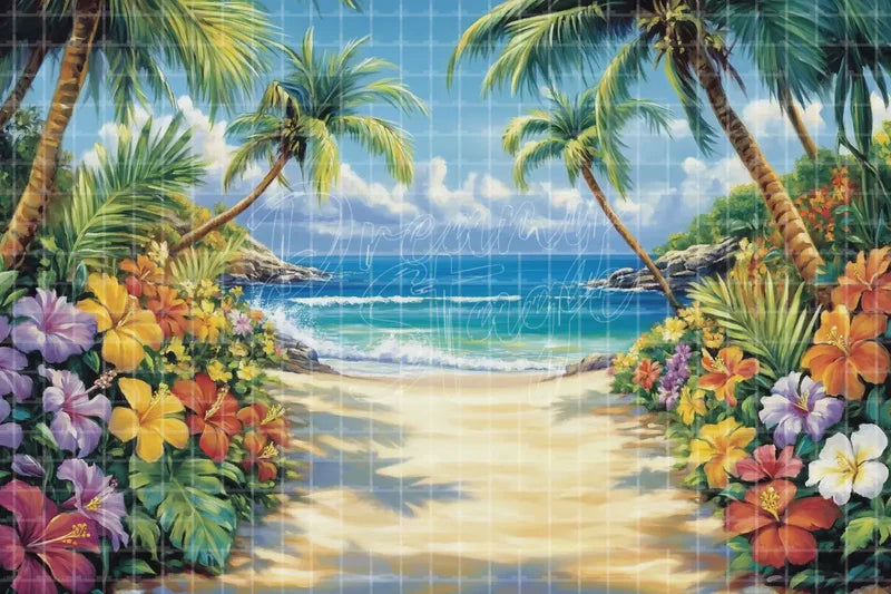 Tropical Flower Beach Frame digital decor backdrop and high-resolution summer event background for summer events, beach parties, hotel decor, resort displays, restaurant and bar decor, photo booths, projection, LED screens, and local printing.