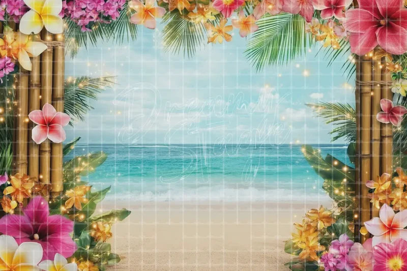 Floral Tropical Beach Frame digital decor backdrop and high-resolution summer event background for summer events, beach parties, hotel decor, resort displays, restaurant and bar decor, photo booths, projection, LED screens, and local printing.