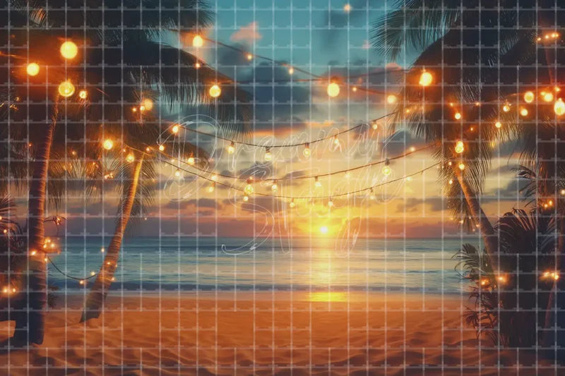 Beach Sunset String Lights digital decor backdrop and high-resolution summer event background for summer events, beach parties, hotel decor, resort displays, restaurant and bar decor, photo booths, projection, LED screens, and local printing.