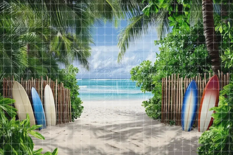Tropical Surfboard Beach Path digital decor backdrop and high-resolution summer event background for summer events, beach parties, hotel decor, resort displays, restaurant and bar decor, photo booths, projection, LED screens, and local printing.
