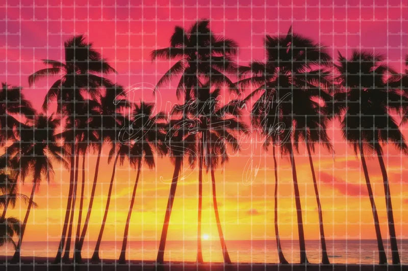 Palm Tree Sunset Silhouette digital decor backdrop and high-resolution summer event background for summer events, beach parties, hotel decor, resort displays, restaurant and bar decor, photo booths, projection, LED screens, and local printing.