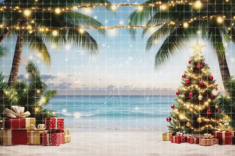 Christmas Beach Tree Surfboard digital decor backdrop and high-resolution summer event background for summer events, beach parties, hotel decor, resort displays, restaurant and bar decor, photo booths, projection, LED screens, and local printing.