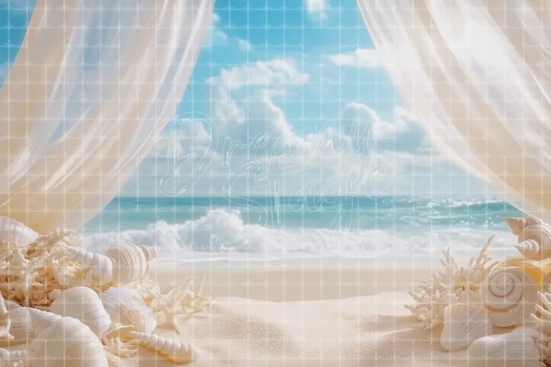 White Curtain Seashell Beach digital decor backdrop and high-resolution summer event background for summer events, beach parties, hotel decor, resort displays, restaurant and bar decor, photo booths, projection, LED screens, and local printing.