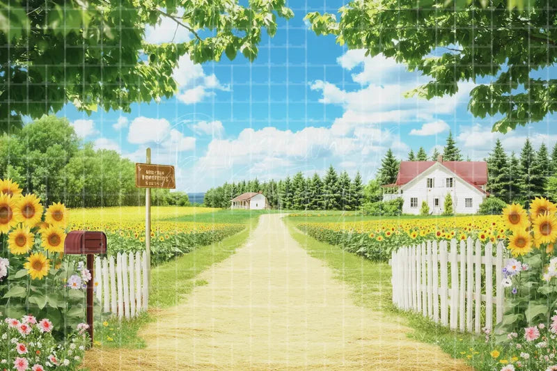 Sunny Countryside Sunflower Farm digital decor backdrop and high-resolution summer field background for summer events, beach parties, hotel decor, resort displays, restaurant and bar decor, photo booths, projection, LED screens, and local printing.