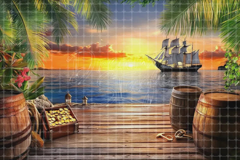 Pirate Tropical Dock Sunset digital decor backdrop and high-resolution summer event background for summer events, beach parties, hotel decor, resort displays, restaurant and bar decor, photo booths, projection, LED screens, and local printing.