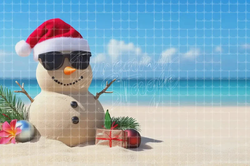 Beach Snowman Christmas digital decor backdrop and high-resolution summer event background for summer events, beach parties, hotel decor, resort displays, restaurant and bar decor, photo booths, projection, LED screens, and local printing.