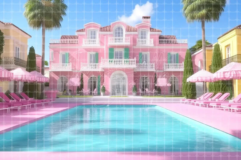 Pink Resort Pool Summer digital decor backdrop and high-resolution hotel pool background for summer events, beach parties, hotel decor, resort displays, restaurant and bar decor, photo booths, projection, LED screens, and local printing.