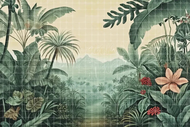 Tropical Jungle Botanical digital decor backdrop and high-resolution botanical wall background for summer events, beach parties, hotel decor, resort displays, restaurant and bar decor, photo booths, projection, LED screens, and local printing.