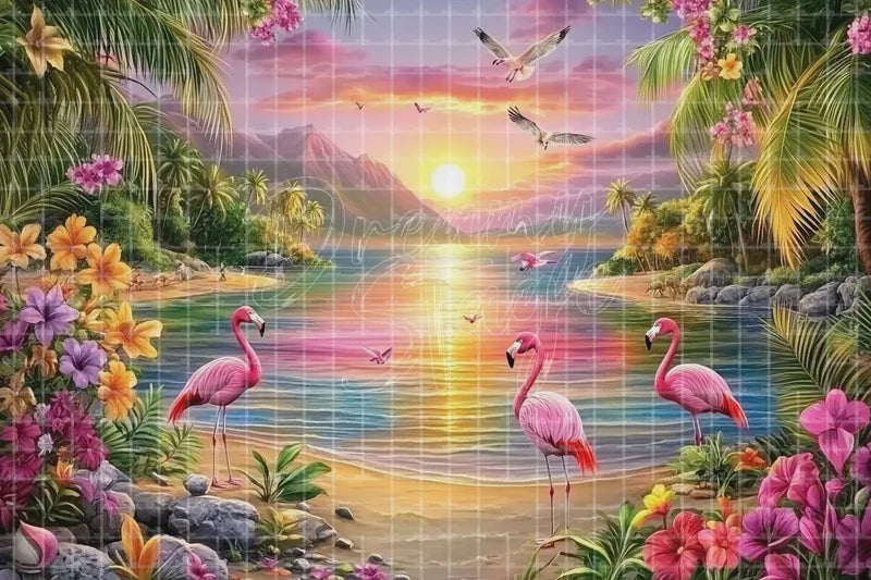 Flamingo Tropical Sunset digital decor backdrop and high-resolution tropical photo booth background for summer events, beach parties, hotel decor, resort displays, restaurant and bar decor, photo booths, projection, LED screens, and local printing.