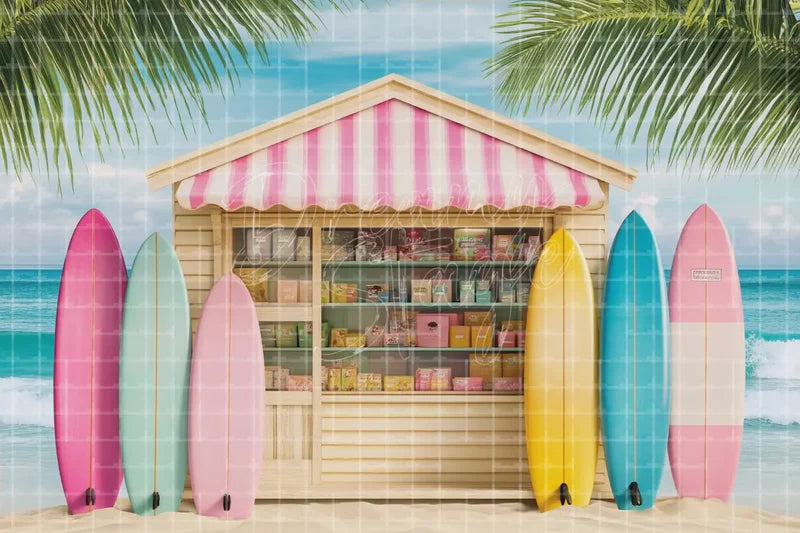 Surf Shop Beach Hut digital decor backdrop and high-resolution summer event background for summer events, beach parties, hotel decor, resort displays, restaurant and bar decor, photo booths, projection, LED screens, and local printing.