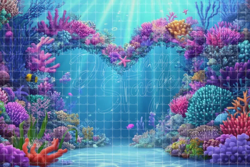 Underwater Coral Reef digital decor backdrop and high-resolution ocean projection background for summer events, beach parties, hotel decor, resort displays, restaurant and bar decor, photo booths, projection, LED screens, and local printing.