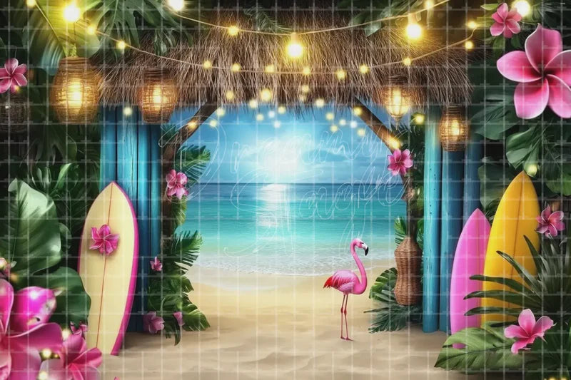 Tropical Flamingo Surfboard Beach digital decor backdrop and high-resolution tropical photo booth background for summer events, beach parties, hotel decor, resort displays, restaurant and bar decor, photo booths, projection, LED screens, and local printing.