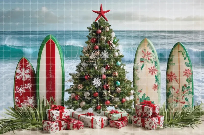 Christmas Surfboard Beach digital decor backdrop and high-resolution summer event background for summer events, beach parties, hotel decor, resort displays, restaurant and bar decor, photo booths, projection, LED screens, and local printing.