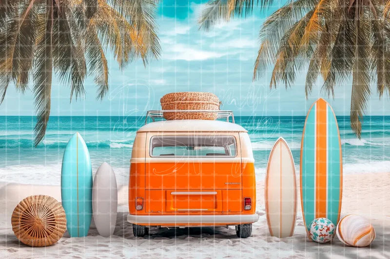 Orange Surf Van Beach digital decor backdrop and high-resolution summer event background for summer events, beach parties, hotel decor, resort displays, restaurant and bar decor, photo booths, projection, LED screens, and local printing.