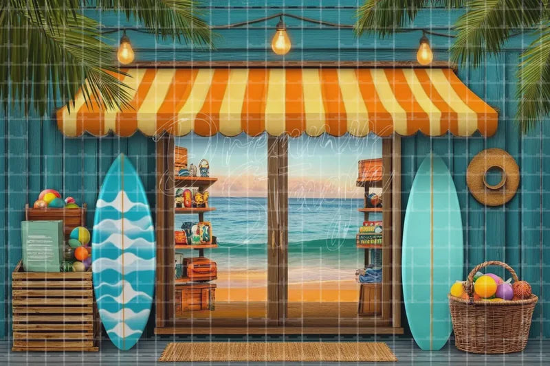 Surf Shop Stand Summer digital decor backdrop and high-resolution surf party background for summer events, beach parties, hotel decor, resort displays, restaurant and bar decor, photo booths, projection, LED screens, and local printing.
