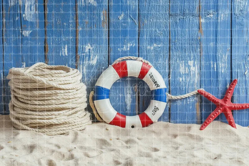Nautical Rope Lifebuoy Beach digital decor backdrop and high-resolution summer event background for summer events, beach parties, hotel decor, resort displays, restaurant and bar decor, photo booths, projection, LED screens, and local printing.