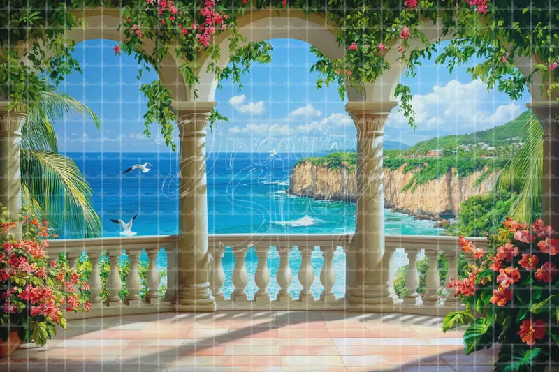 Mediterranean Sea Balcony digital decor backdrop and high-resolution seaside villa background for summer events, beach parties, hotel decor, resort displays, restaurant and bar decor, photo booths, projection, LED screens, and local printing.