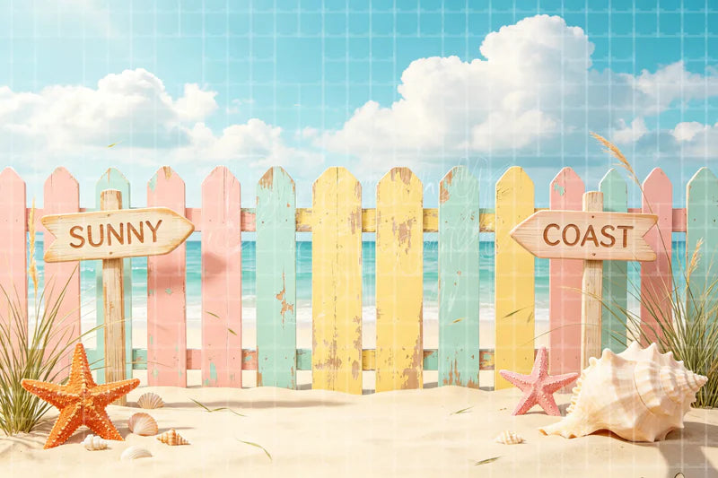 Sunny Coast Beach Fence digital decor backdrop and high-resolution summer event background for summer events, beach parties, hotel decor, resort displays, restaurant and bar decor, photo booths, projection, LED screens, and local printing.