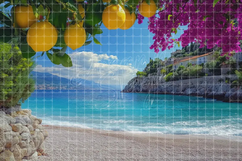 Lemon Coast Seaside Cove digital decor backdrop and high-resolution summer event background for summer events, beach parties, hotel decor, resort displays, restaurant and bar decor, photo booths, projection, LED screens, and local printing.