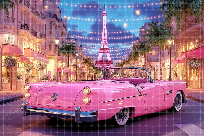 Pink Paris Summer Street digital decor backdrop and high-resolution summer street background for summer events, beach parties, hotel decor, resort displays, restaurant and bar decor, photo booths, projection, LED screens, and local printing.