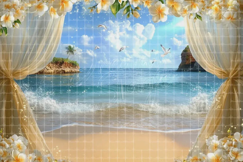 Elegant Curtain Seashell Beach digital decor backdrop and high-resolution summer event background for summer events, beach parties, hotel decor, resort displays, restaurant and bar decor, photo booths, projection, LED screens, and local printing.