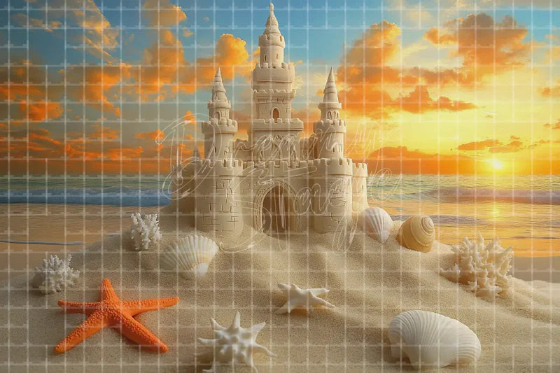 Sandcastle Beach Summer digital decor backdrop and high-resolution beach party background for summer events, beach parties, hotel decor, resort displays, restaurant and bar decor, photo booths, projection, LED screens, and local printing.