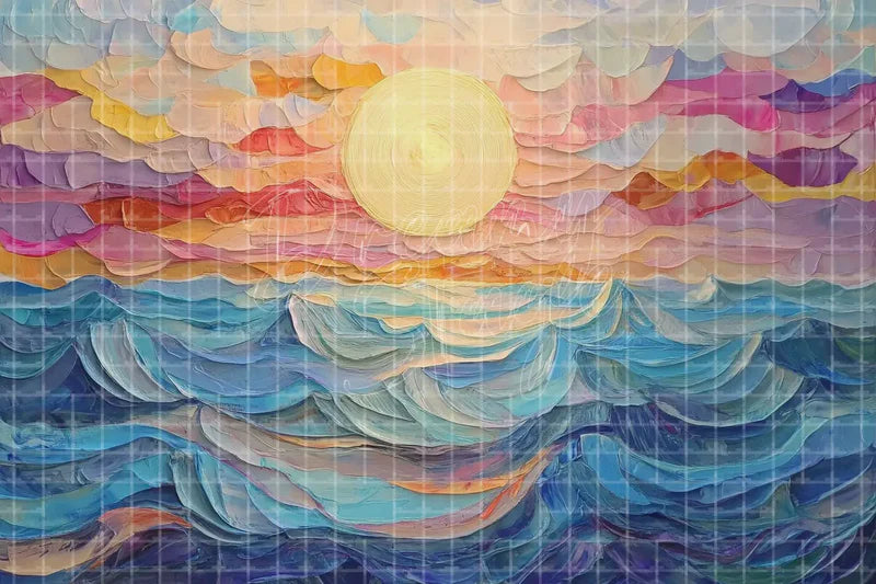 Abstract Painted Ocean Sunset digital decor backdrop and high-resolution tropical ocean background for summer events, beach parties, hotel decor, resort displays, restaurant and bar decor, photo booths, projection, LED screens, and local printing.