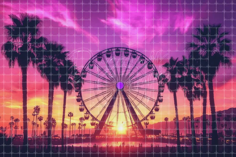 Sunset Palm Ferris Wheel digital decor backdrop and high-resolution summer carnival background for summer events, beach parties, hotel decor, resort displays, restaurant and bar decor, photo booths, projection, LED screens, and local printing.