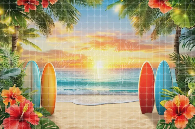 Tropical Surfboard Flower Beach digital decor backdrop and high-resolution summer event background for summer events, beach parties, hotel decor, resort displays, restaurant and bar decor, photo booths, projection, LED screens, and local printing.