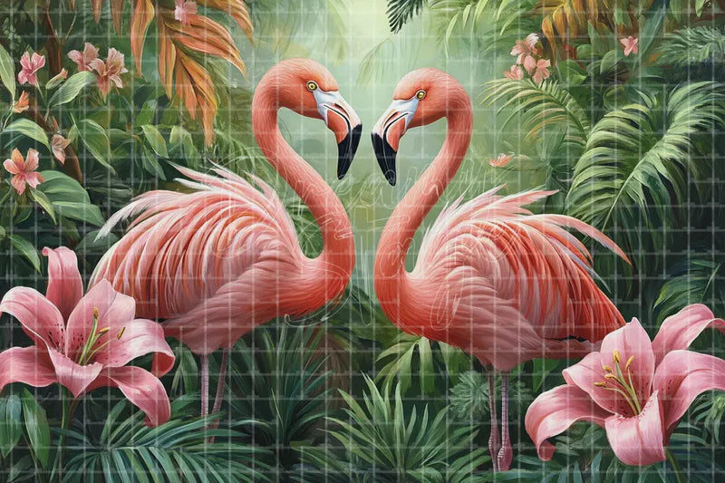 Pink Flamingo Tropical Jungle digital decor backdrop and high-resolution tropical photo booth background for summer events, beach parties, hotel decor, resort displays, restaurant and bar decor, photo booths, projection, LED screens, and local printing.