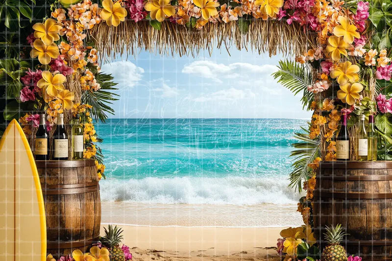 Tropical Beach Bar Arch digital decor backdrop and high-resolution summer event background for summer events, beach parties, hotel decor, resort displays, restaurant and bar decor, photo booths, projection, LED screens, and local printing.