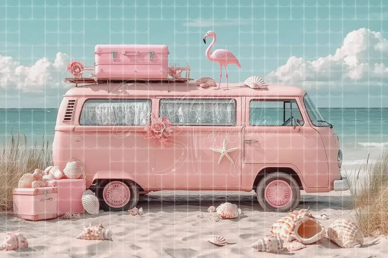 Pink Camper Van Beach digital decor backdrop and high-resolution beach party background for summer events, beach parties, hotel decor, resort displays, restaurant and bar decor, photo booths, projection, LED screens, and local printing.